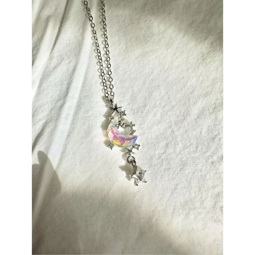 Iridescent night court moon and stars pendant necklace 